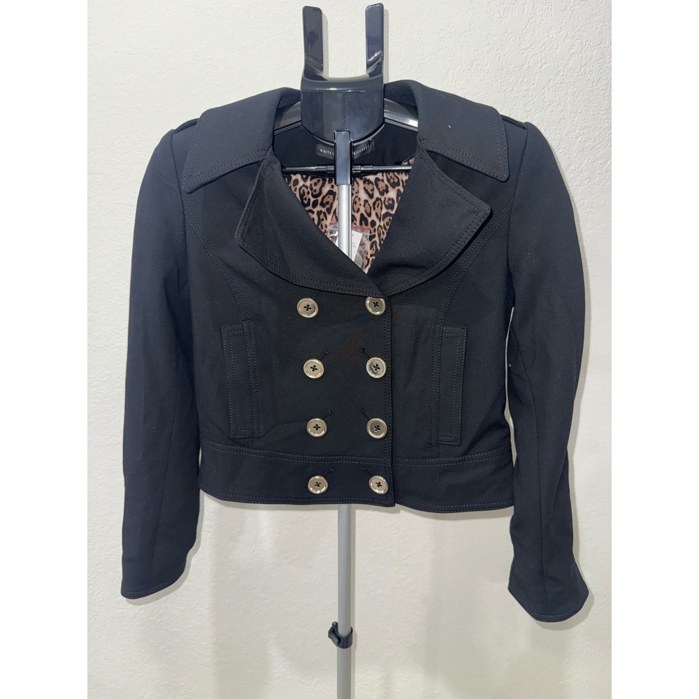 White House Black Market Black Double Breasted Crop Jacket Leopard Lining SP NEW
